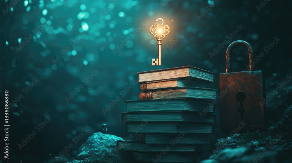 Poster enigmatic key illuminating books and padlock in mystical forest setting with ethereal lighting