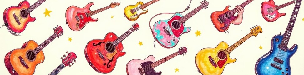 Hand-drawn sketches of guitars, pianos, and saxophones in a repetitive motif, seamless, pianos, sketches