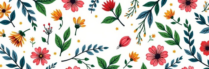 Hand-drawn flora elements in a seamless doodle pattern design with leaves, flowers, and vines, whimsical, greenery, nature