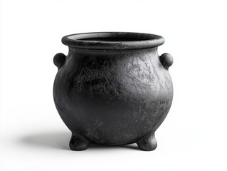 A rounded, black cauldron with a textured surface and three stubby legs sits against a plain white background, evoking mystery and olden times.