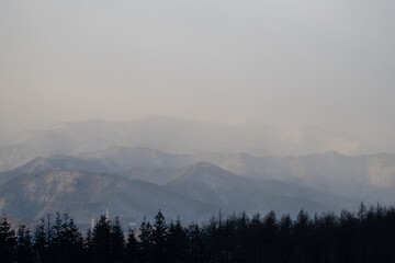 雪で霞む山々