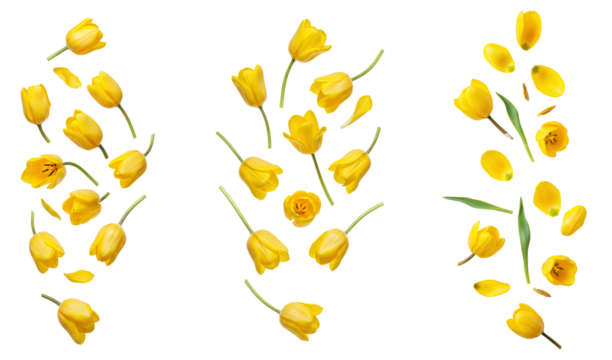 yellow tulip flowers set png. tulip flower isolated. yellow tulip flowers falling png. spring time bloom of tulips flying isolated. 