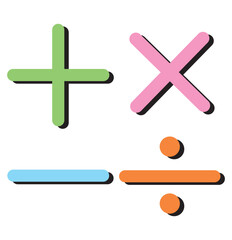 Obraz premium Plus, minus, multiply, divide and equal sign icon design set. Calculation and Mathematical sign symbol icon. Addition, subtraction, multiplication, division, equal sign, icon symbol.