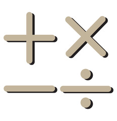 Obraz premium Plus, minus, multiply, divide and equal sign icon design set. Calculation and Mathematical sign symbol icon. Addition, subtraction, multiplication, division, equal sign, icon symbol.