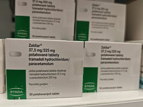 Prague,Czech Republic-January 8 2025: Zaldiar by Gr&uuml;nenthal contains Tramadol and Paracetamol, a combination analgesic used for moderate to severe pain management

