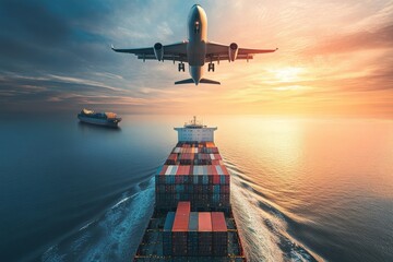 Large cargo plane soaring over a cargo ship, emphasizing integrated transport solutions for efficient global shipping