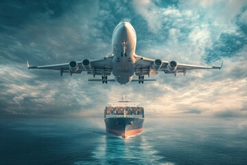 Large cargo plane soaring over a cargo ship, emphasizing integrated transport solutions for efficient global shipping