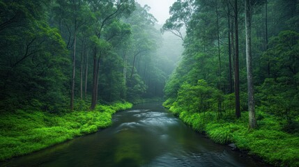 Obraz premium Misty River in Lush Green Forest