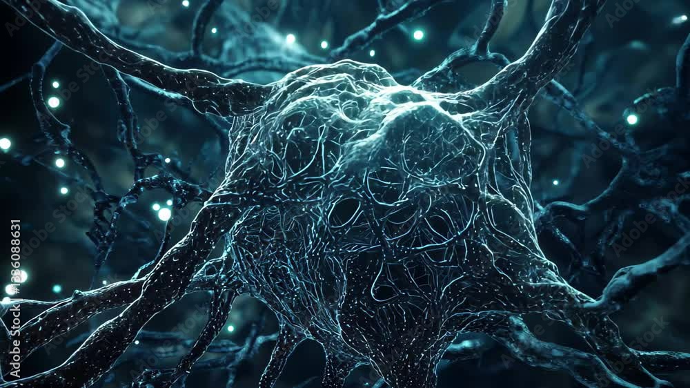 Aufkleber conceptual visualization of network growth depicting neurons in a dark digital environment, network 