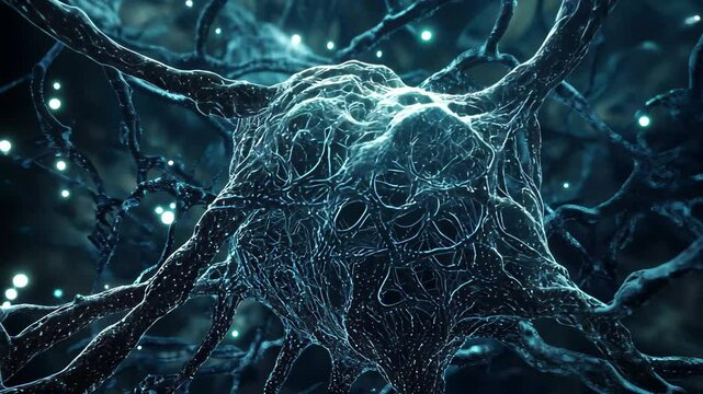 Conceptual visualization of network growth depicting neurons in a dark digital environment, Network growth concept CGI background