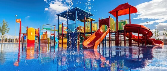 Thrilling water park slides family fun zone high-fidelity playground environment aerial view playful water adventure