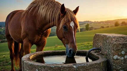 Majestic Chestnut Horse Drinking at Sunset - Powered by Adobe