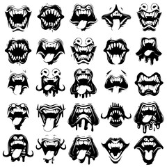 A seamless pattern of various monstrous mouths and fangs in black and white, featuring sharp teeth, dripping saliva, and eerie expressions, perfect for horror-themed designs.







