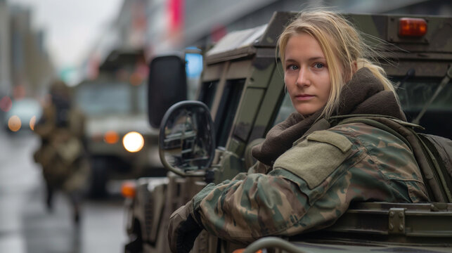 Female soldier in a military vehicle.