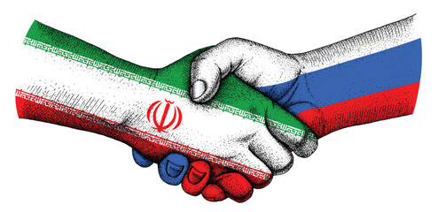 Handshake with flags of Russia and Iran