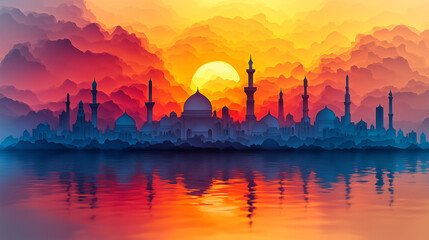 Obraz premium Islamic Mosque Silhouette Panorama at Sunset with Golden Sky Reflection for Eid Mubarak Celebration