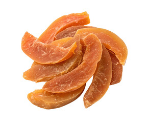Dried papaya fruit slices, isolated on a white transparent background, high-resolution cutout, vibrant orange color, organic dehydrated tropical snack, perfect for packaging or product display