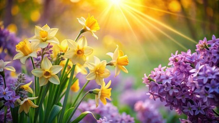 Golden Hour Blooms A Vibrant Display of Daffodils and Hyacinths Basking in Sunlight's Embrace