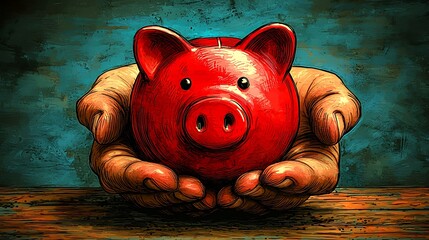 Red Piggy Bank in Hands Savings Finance Investment Security Illustration