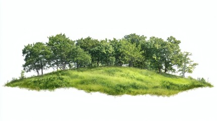 Obraz premium Cutout rock surrounded by fir trees. Garden design isolated on white background. Decorative shrub for landscaping. High quality clipping mask for professional composition. Hill grass in the forest.