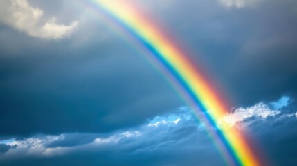 A beautiful rainbow arching across a dark cloudy sky
