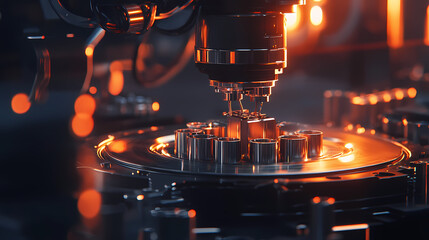 A close-up image of a precision machine part being worked on, showcasing intricate metal details illuminated by warm lighting.
