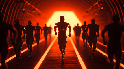 Group of Silhouetted Runners Emerging from a Futuristic Tunnel Bathed in Orange Light