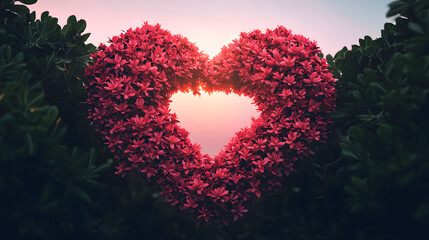 Heart-Shaped Blooming Flowers Framed by Greenery at Sunset for Romantic and Nature-Themed Designs