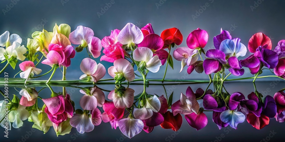 Poster overhead perspective of sweet peas with glass reflection on solid color backdrop - ideal for minimal