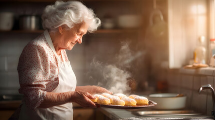Joyful Elderly Woman Baking Delicious Fresh Pastries in a Warm Kitchen with Steam Rising
