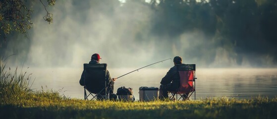 Fishing experience riverside photography tranquil setting side view two anglers relaxing