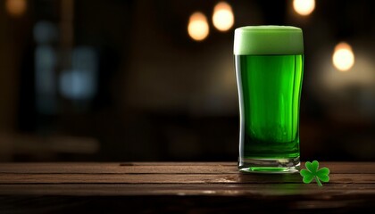 Green Brew Celebration Still Life Festive Drink on a Rustic Wooden Tabletop and Clover St Patrick's Day Theme