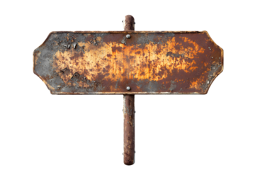 Old blank rusty metal sign on white or transparent background