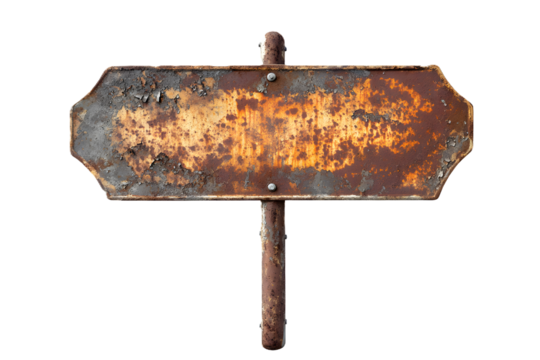 Old blank rusty metal sign on white or transparent background