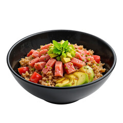vibrant bowl of poke featuring fresh tuna, avocado, and colorful vegetables, perfect for healthy meal