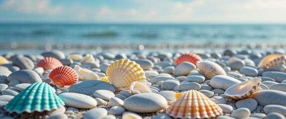 Colorful seashells scatter over smooth pebbles by the shore