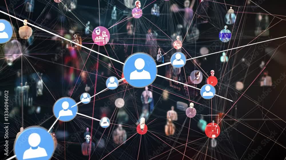 Poster network of connections showcasing digital icons signifying global interactions and communication, ne