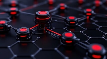 Abstract Network: Red and Black Nodes Interconnected in Hexagonal Pattern