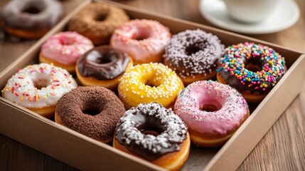 A box of colorful donuts with various toppings, such as sprinkles, chocolate glaze, and powdered sugar. The box is placed on a wooden table, with a cup of coffee in the background.