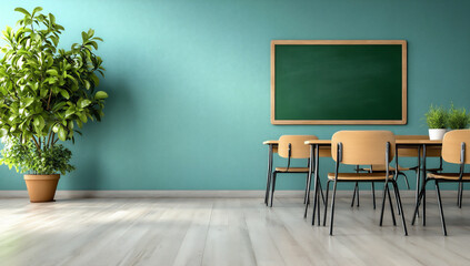 a photograph of an empty classroom with desks and chairs arranged neatly,