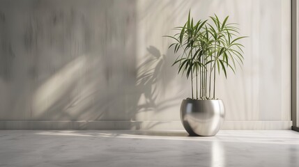 A sleek metal plant pot with a brushed silver finish, supporting a robust bamboo plant.