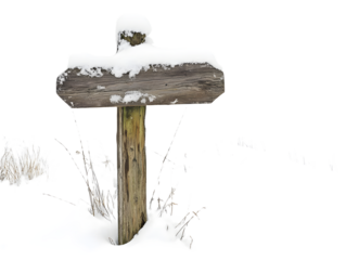 Wooden signpost in snow isolated on white or transparent background