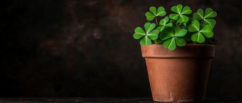 Lucky Four Leaf Clover Plant in Clay Pot Representing Irish Heritage and Celebration of Saint Patricks Day