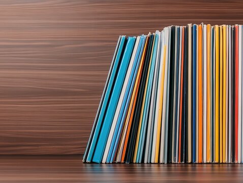 Colorful books arranged on a wooden shelf, showcasing a vibrant collection