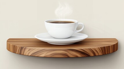 A cup of steaming beverage on a saucer sitting on a wooden half circle shelf display