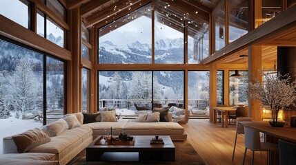 Naklejka premium Cozy wooden ski chalet interior showcasing luxurious winter mountain views