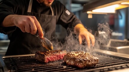 A student chef learning how to properly season and grill a perfect steak --ar 16:9 --v 6.1 Job ID: ca7604ad-c3d3-4cde-b5ab-c1bcefa45c54