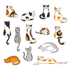 Cute hand drawn colorful cats vector set in flat design