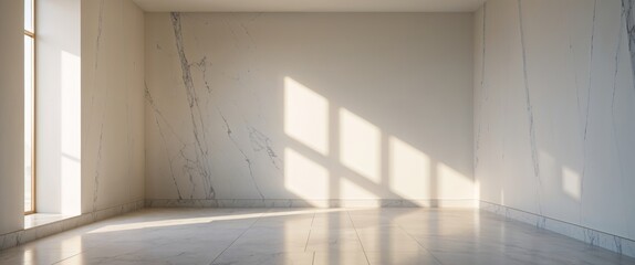 Obraz premium Sunlight casting shadows in empty room with marble walls and floor.