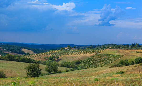 Vineyards and olive groves cover rolling hills, with scenic roads passing charming farmhouses, castles, and ancient cypress-lined paths.